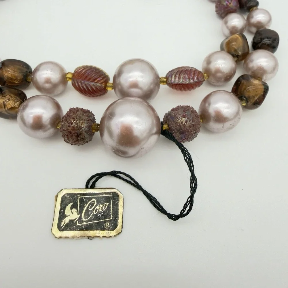Vtg 50s Coro Iridescent Molded Glass Necklace Double Strand Orig. Tag Japan NOS